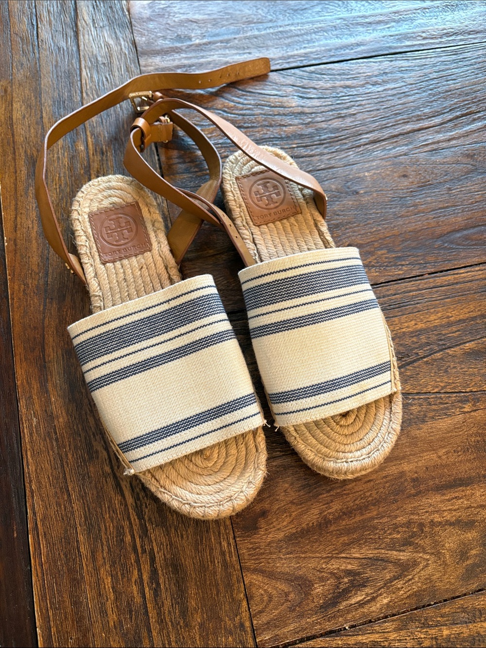 Tory Burch Cream and Blue Striped Espadrille Ankle-Tie Sandals